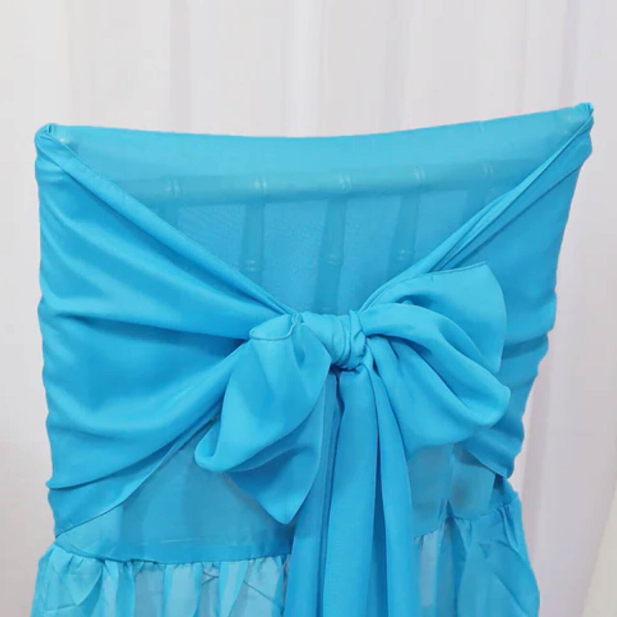 1 Piece Turquoise Sheer Chair Back Cover with Sash Flowing Chiffon Slipcover for Chiavari Chairs