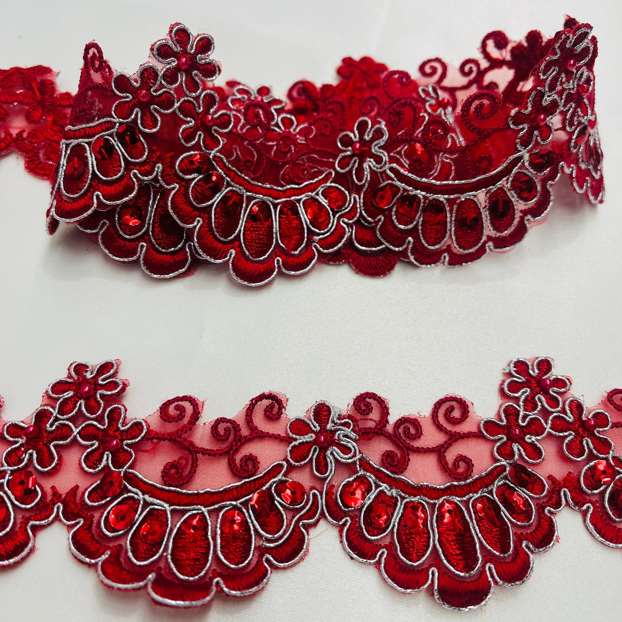 1 Yard Beaded & Corded Embroidered Lace Trim 2.5" Wide 100% Polyester Net Mesh for Special Occasion Dresses