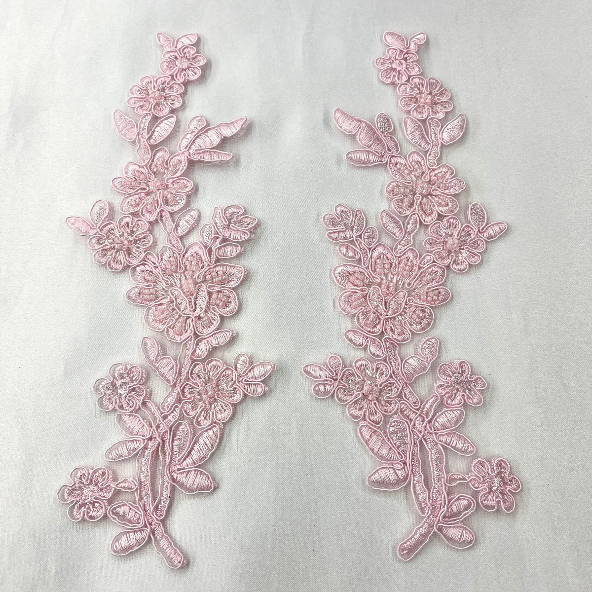 1 Yard Beaded & Corded Floral Lace Applique Embroidered on 100% Polyester Net Mesh 10" X 2" Each Side