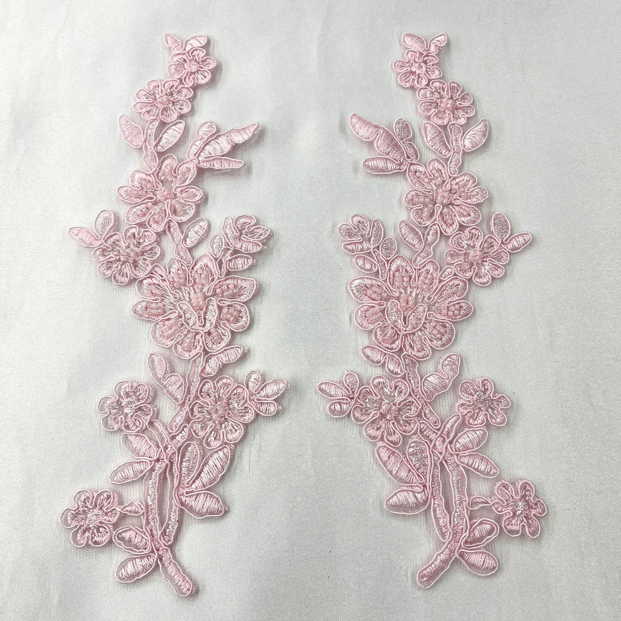 1 Pair Beaded & Corded Floral Lace Applique 10" x 2" Each Side