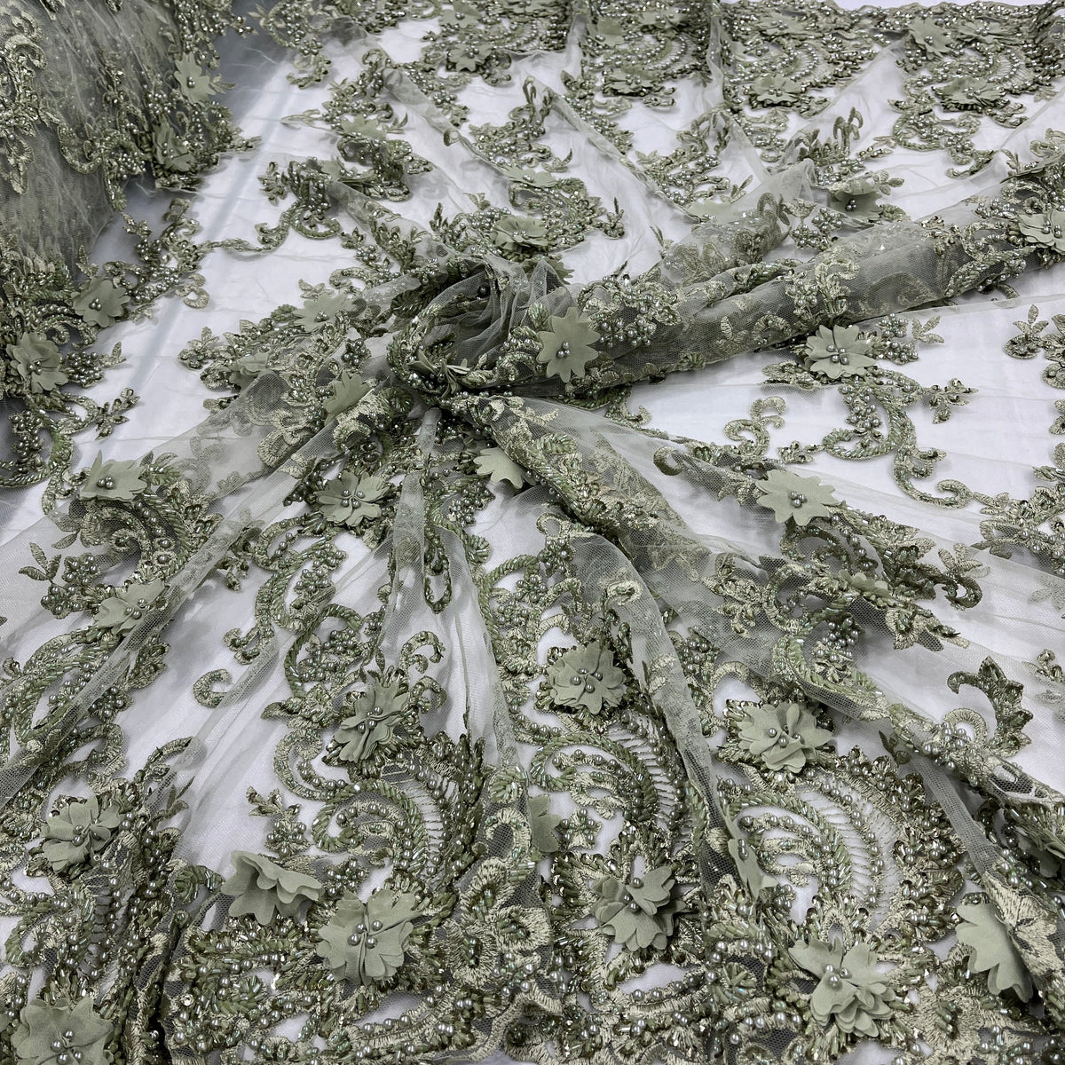 1 Yard 3D Beaded Floral Lace Fabric Embroidered on 100% Polyester Net Mesh 52" Wide