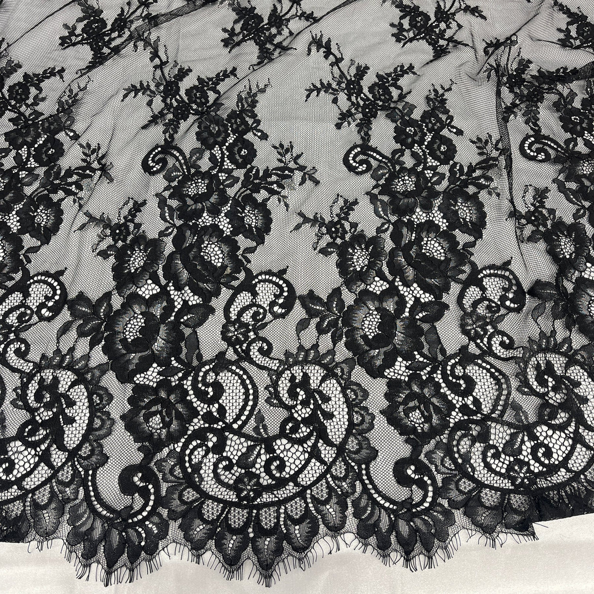 1 Yard Chantilly Embroidered Lace Fabric with Eyelash Scallop, 58" Wide French Alençon Lace for Bridal & Evening Wear