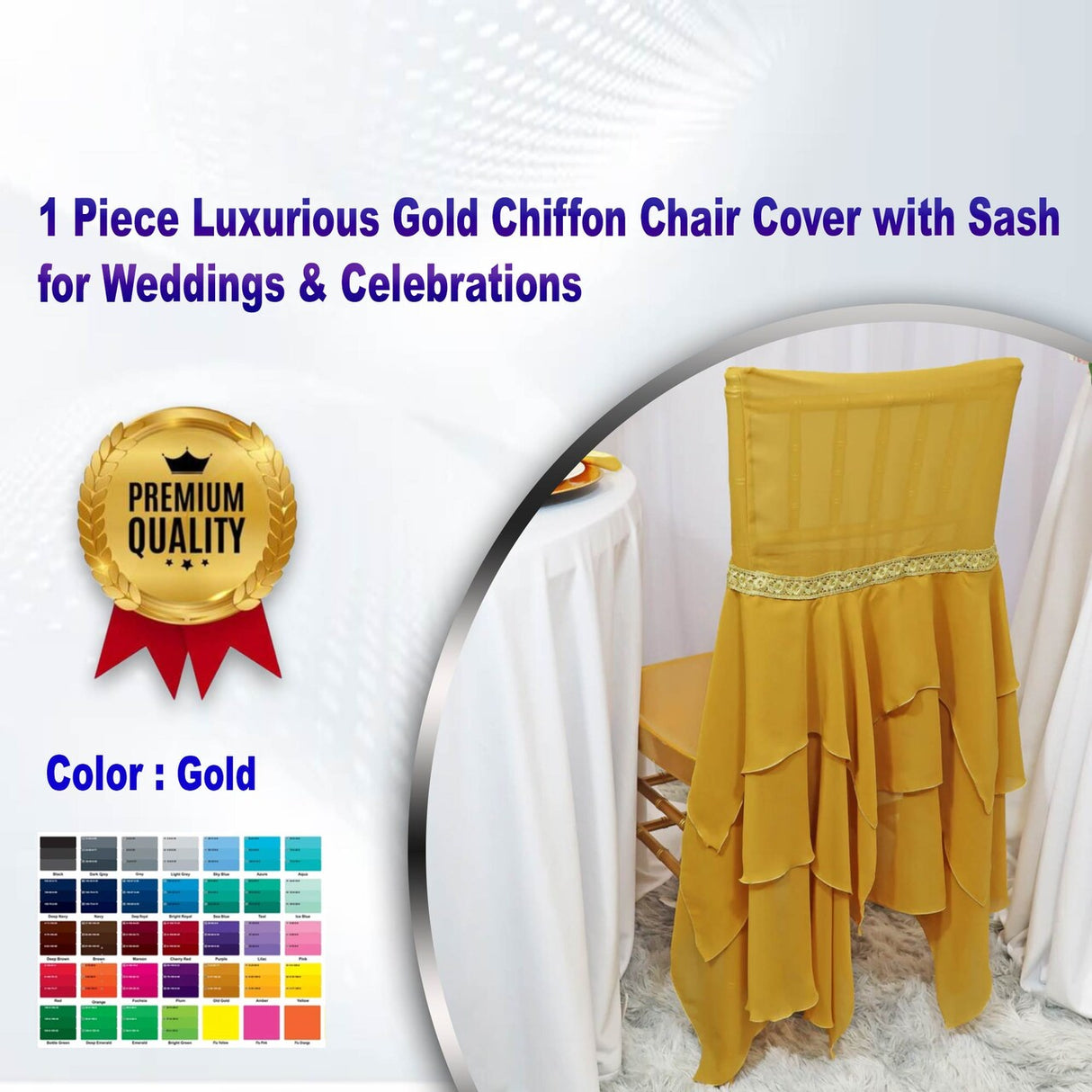1 Piece Luxurious Gold Chiffon Chair Cover with Sash for Weddings & Celebrations