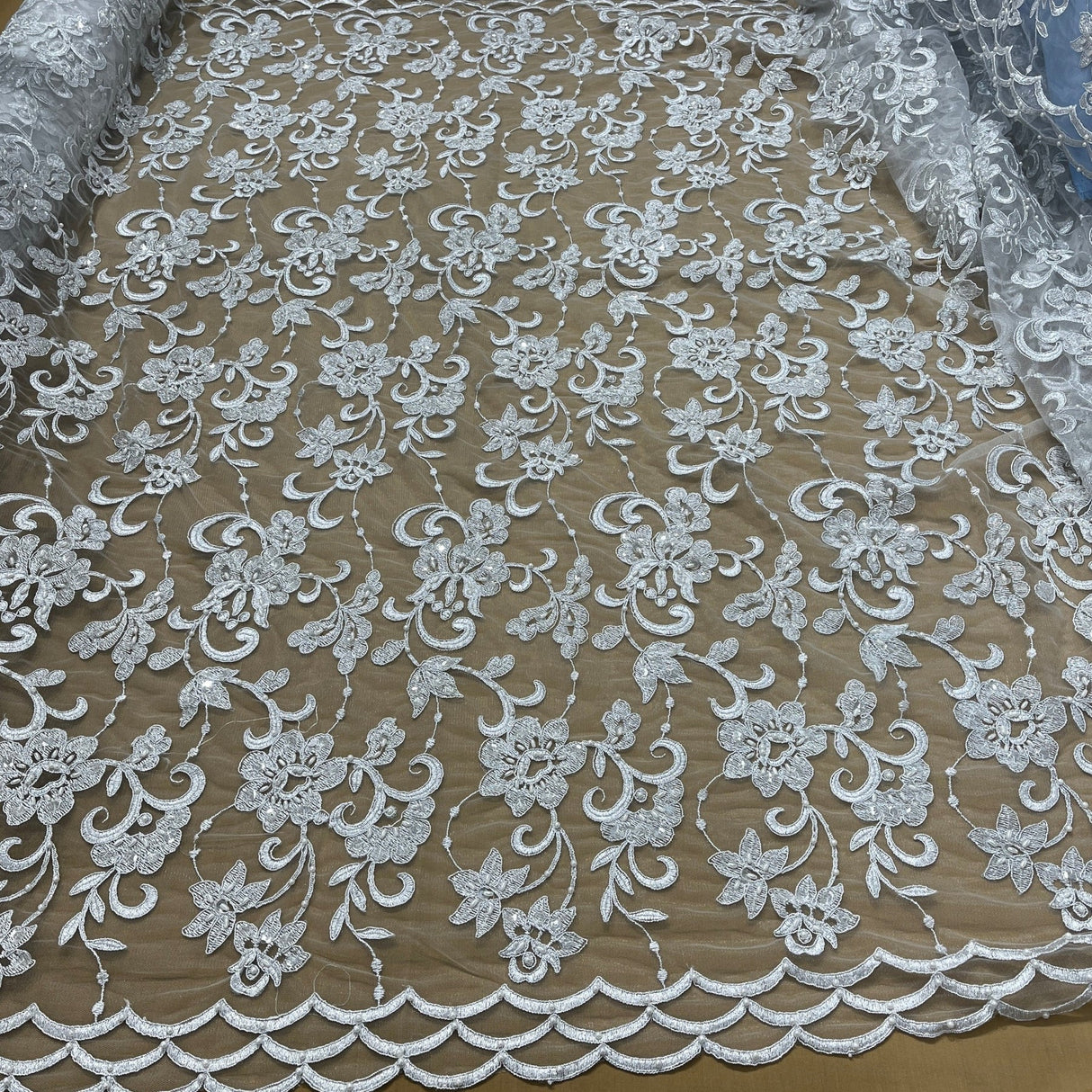 1 Yard Silver Beaded Corded Bridal Lace Fabric Embroidered Elegant Net Mesh Gown 52" Width