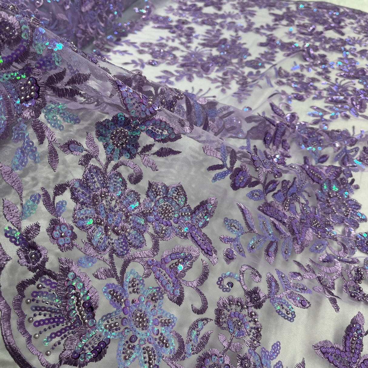 1 Yard Purple Beaded Sequined Sparkling Lace Fabric Embroidered on Polyester Net Mesh 51 inch Width