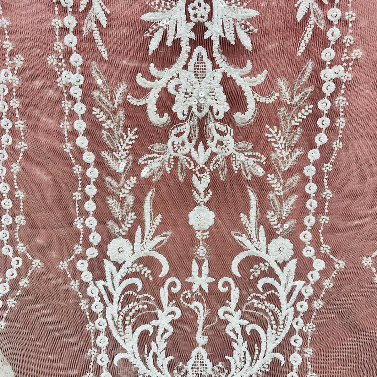 1 Yard Beaded Lace Fabric Embroidered on 100% Polyester Net Mesh, Elegant Sheer Textile for Dressmaking