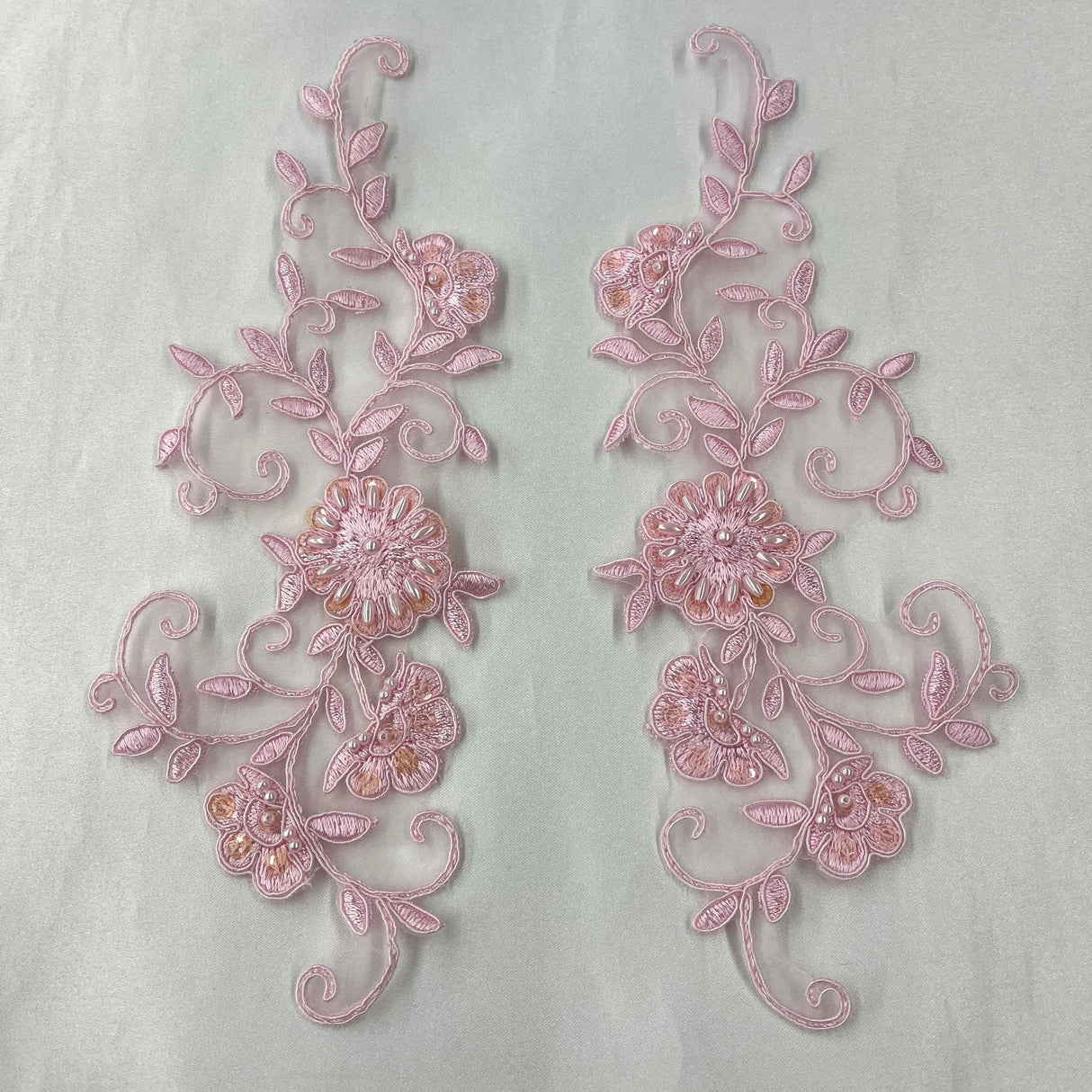 1 Pair Beaded & Corded Floral Lace Applique Embroidered on 100% Polyester 9.5" x 2" Each Side