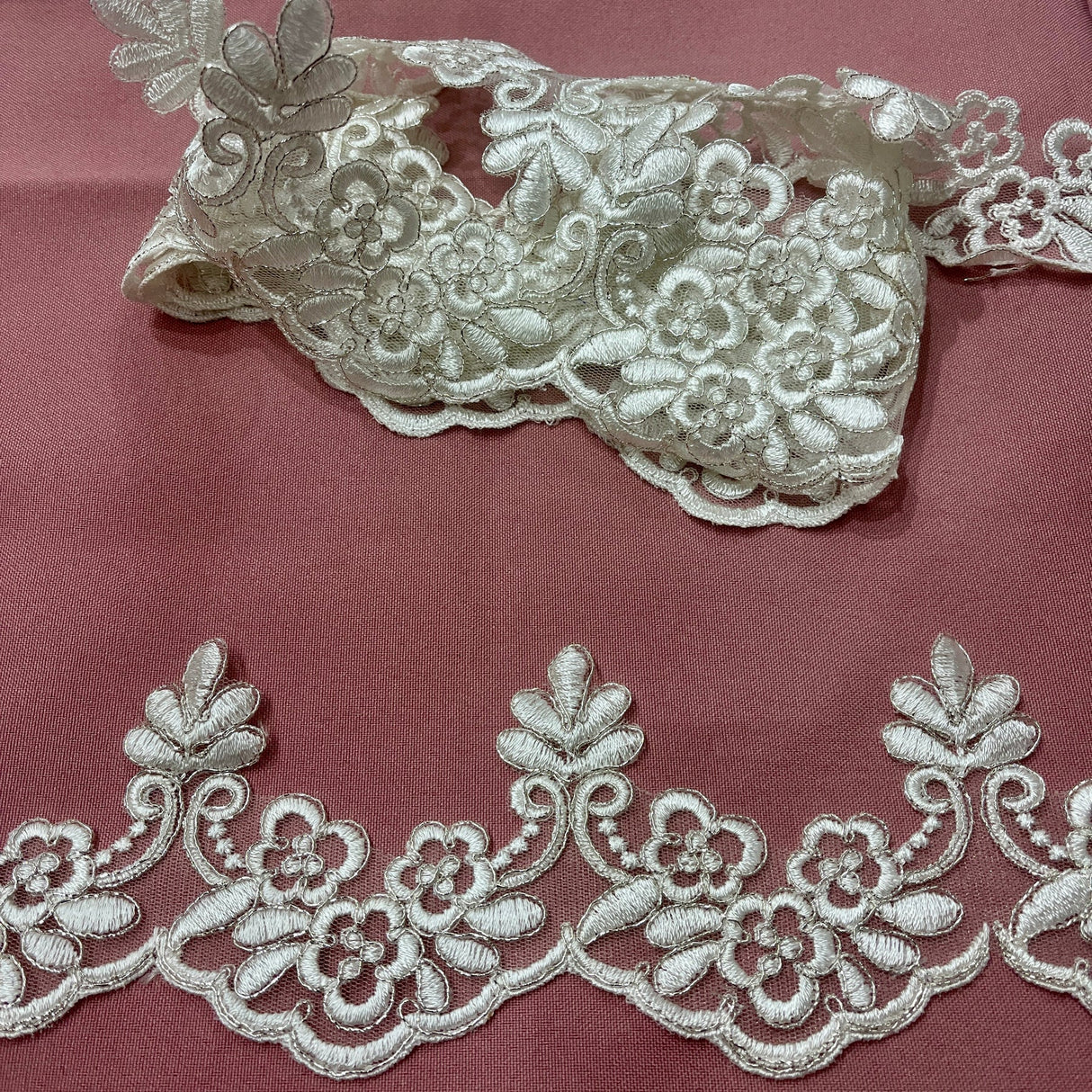 1 Yard Corded Lace Trimming on Net Mesh – 3" Wide Metallic | Embroidered Floral Lace for Special Occasions