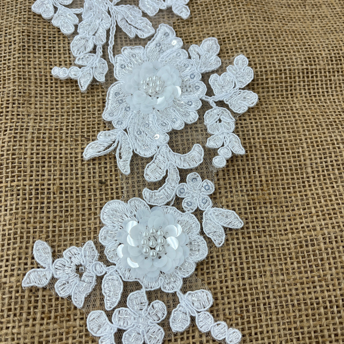 1 Yard Beaded & Corded Floral 3D Lace Applique Embroidered on 100% Polyester Net Mesh 11" x 3" Each Side