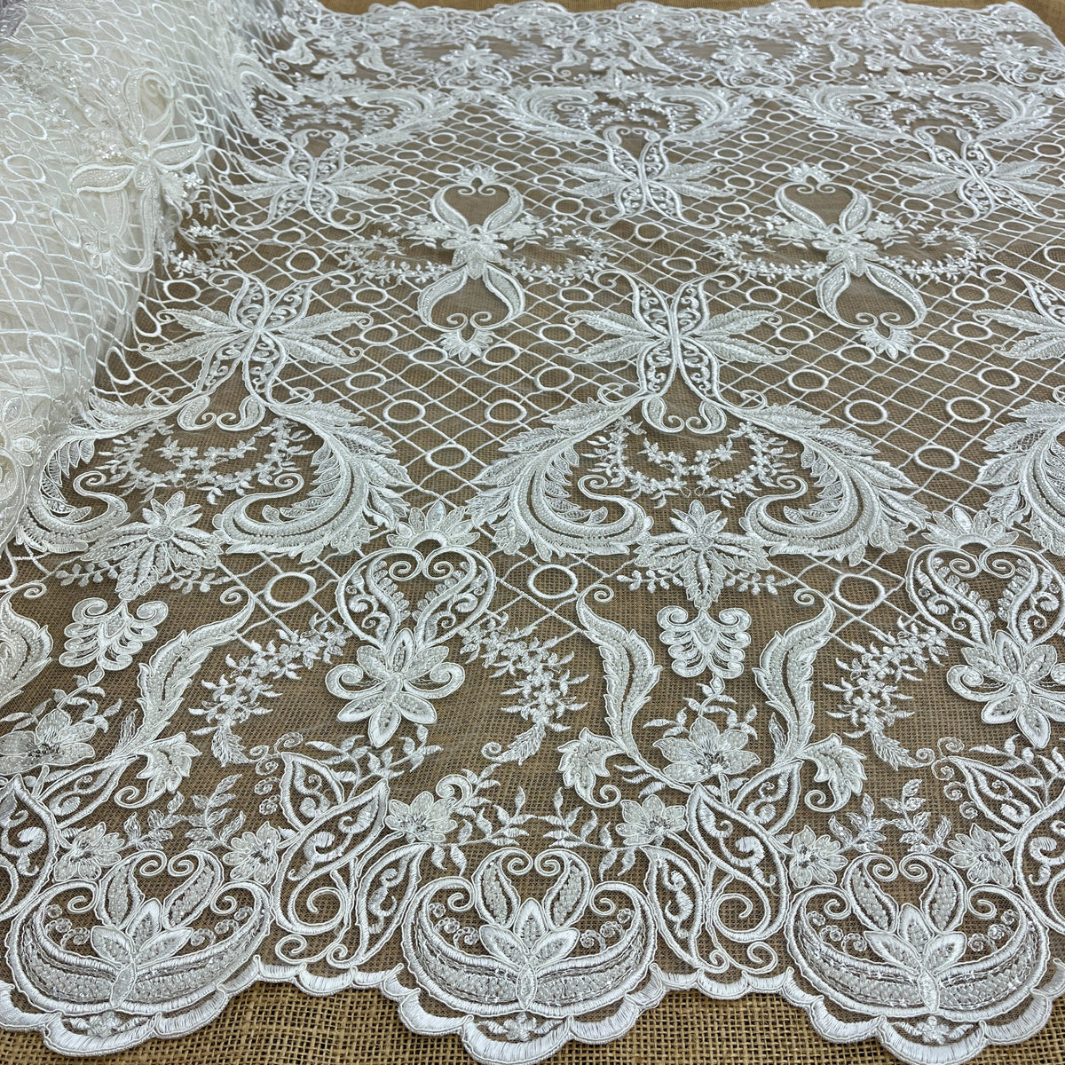 1 Yard 53" Wide Beaded & Corded Bridal Lace Fabric Embroidered on 100% Polyester Net Mesh