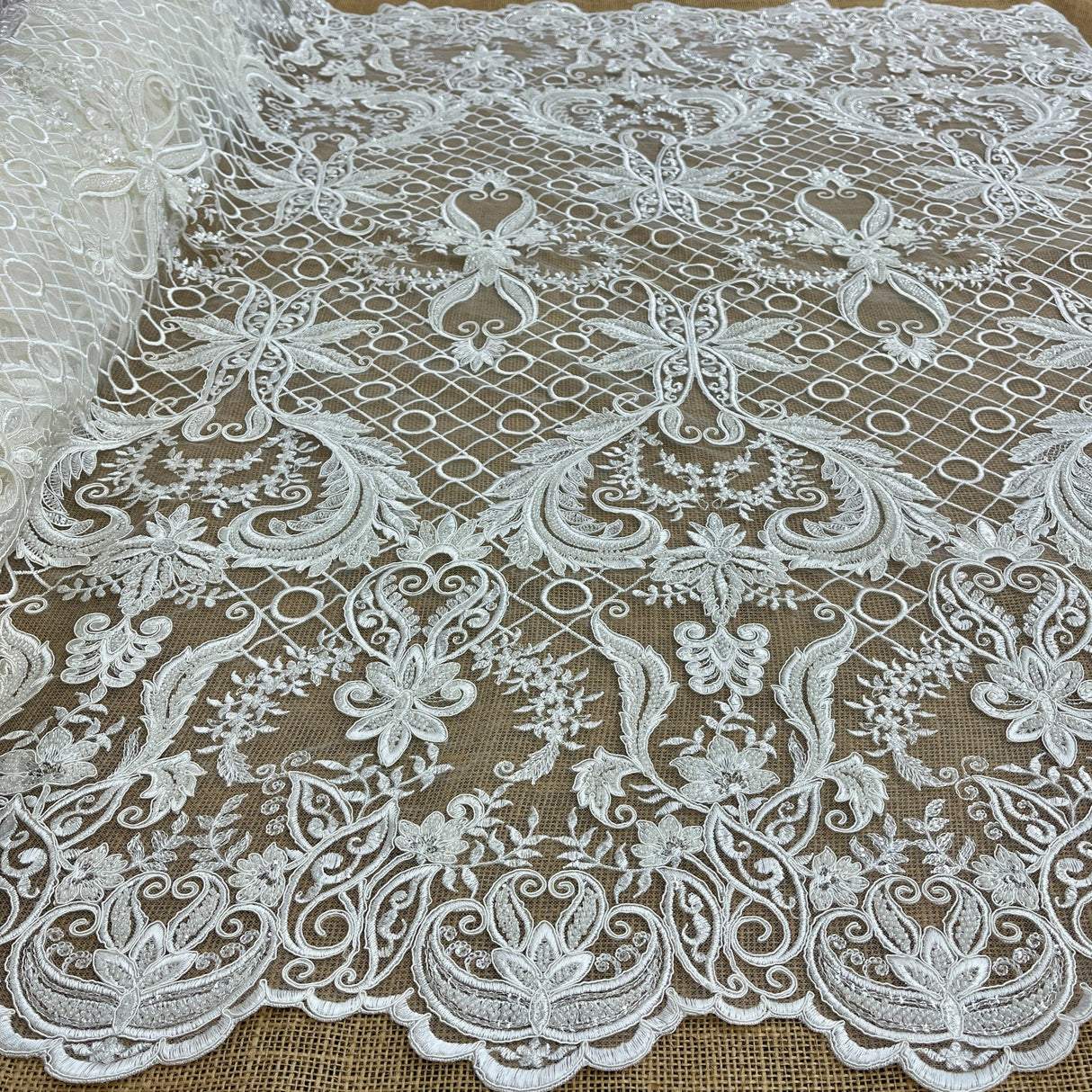 1 Yard Elegant Beaded Beaded & Corded Lace with Sequins & Corded Embroidery 53" Wide