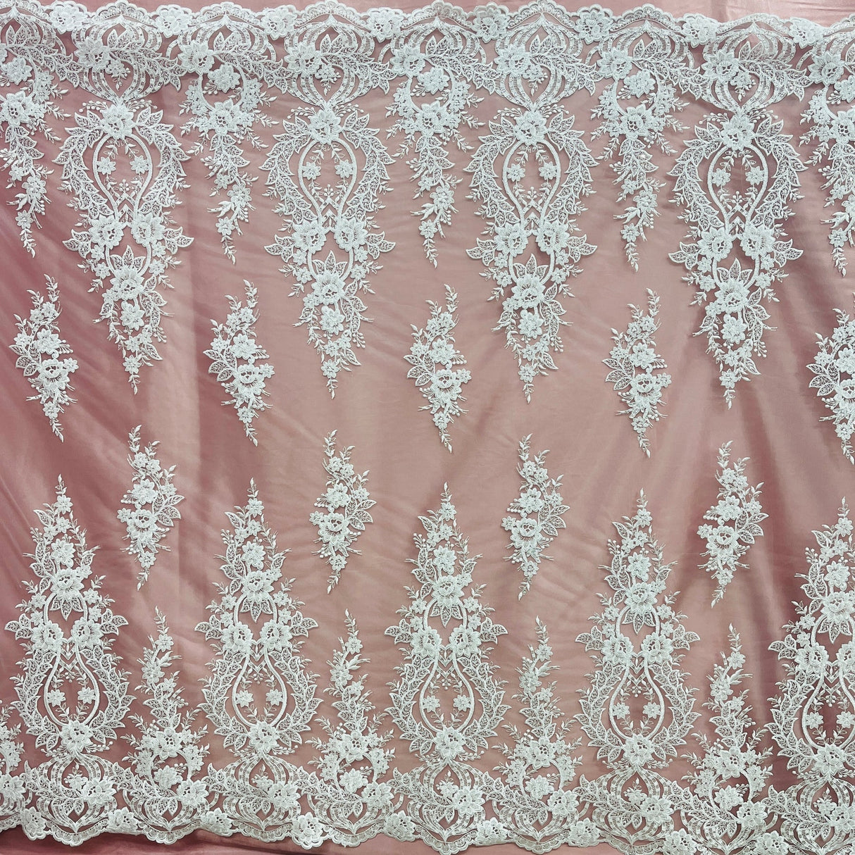 1 Yard White Beaded & Corded Bridal Lace Fabric, Embroidered Polyester Net Mesh, 54" Wide,