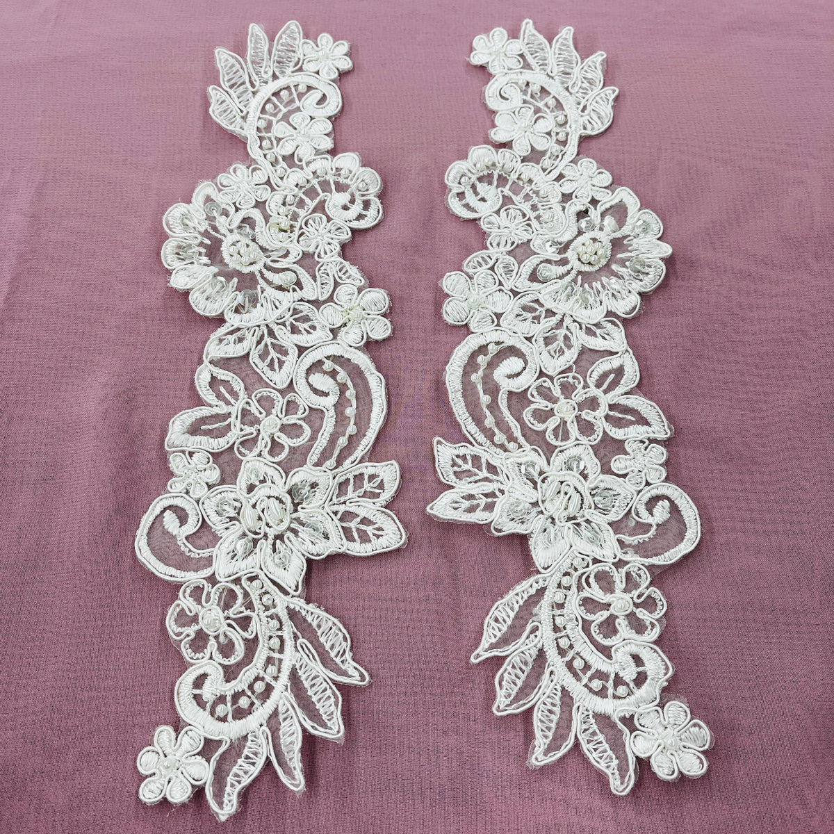 1 Yard Elegant Beaded & Corded Floral Lace Applique on Sheer Polyester Organza,Style 95931N-BP