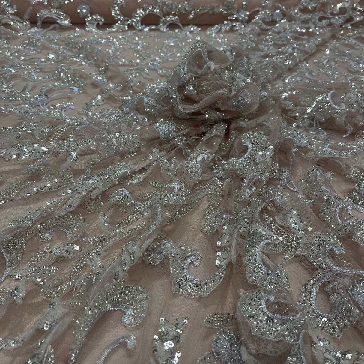 1 Yard Champagne Beaded Lace Fabric Embroidered on Polyester Mesh, 53" Wide,