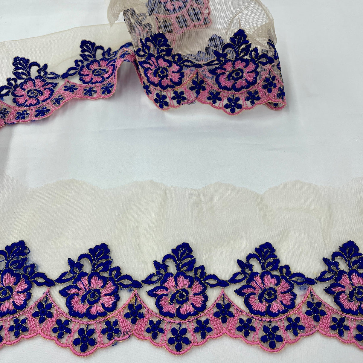 1 Yard Colorful Floral Lace Trimming on Net Mesh | 2.75" Wide | Handmade Embroidered Trim for Dresses & Costumes