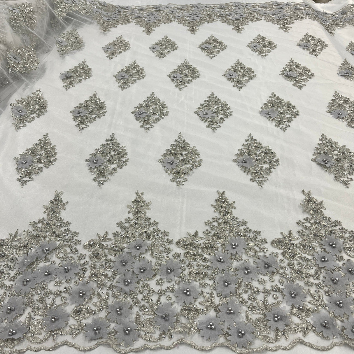 1 Yard Beaded 3D Floral Lace Fabric Embroidered on 100% Polyester Net Mesh 52" Width