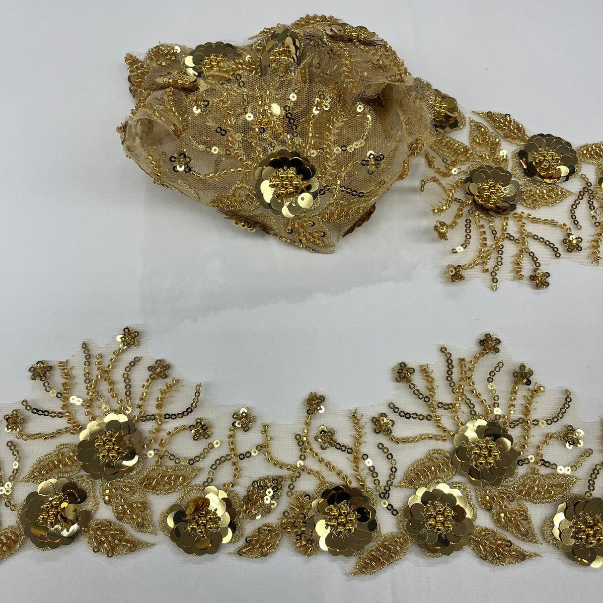 1 Yard Embroidered on 100% Polyester Net Mesh 4″ Wide Beaded & Corded Floral Lace Trimming