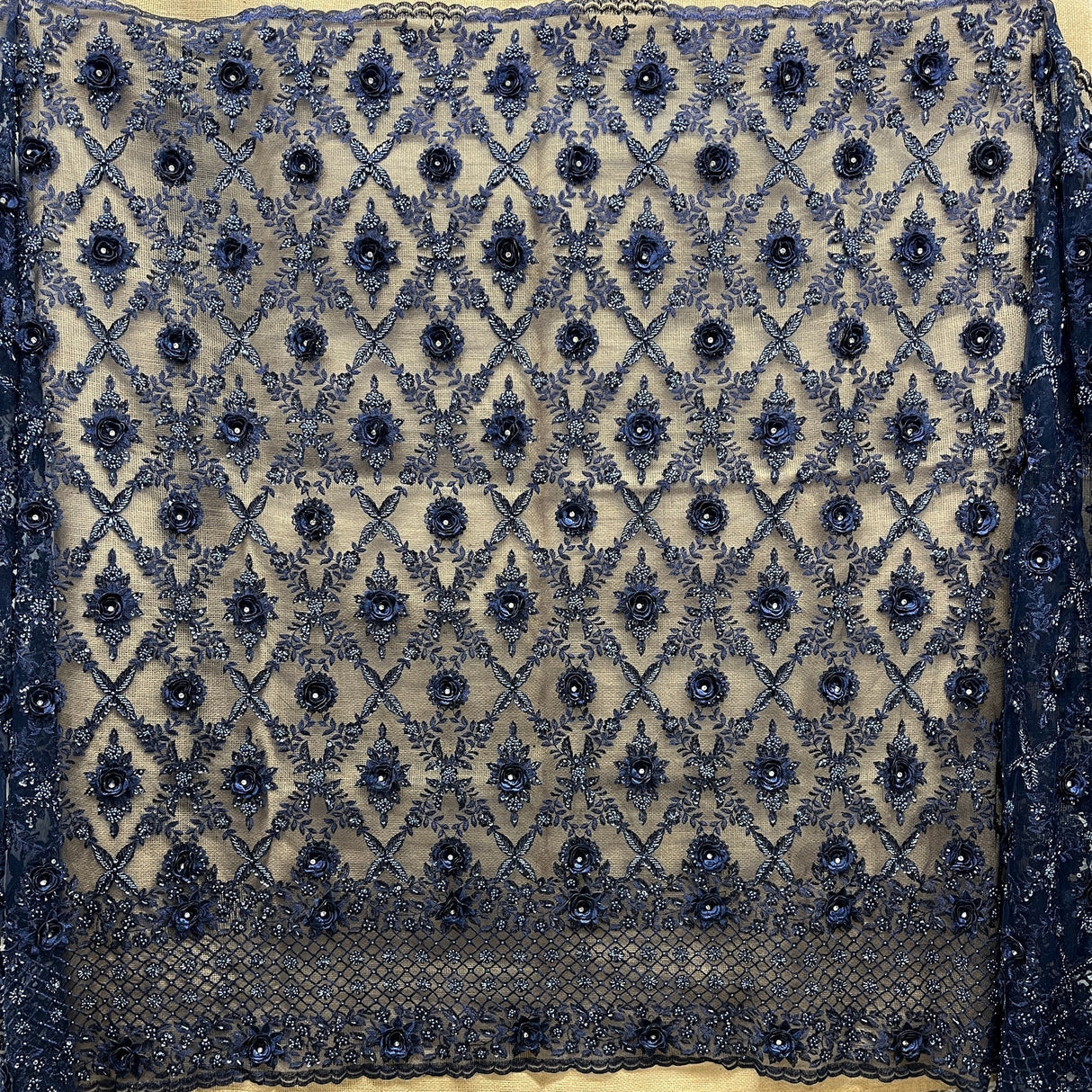 1 Yard Beaded 3D Floral Lace Fabric, Navy Embroidered Mesh, 100% Polyester, 51” Wide,