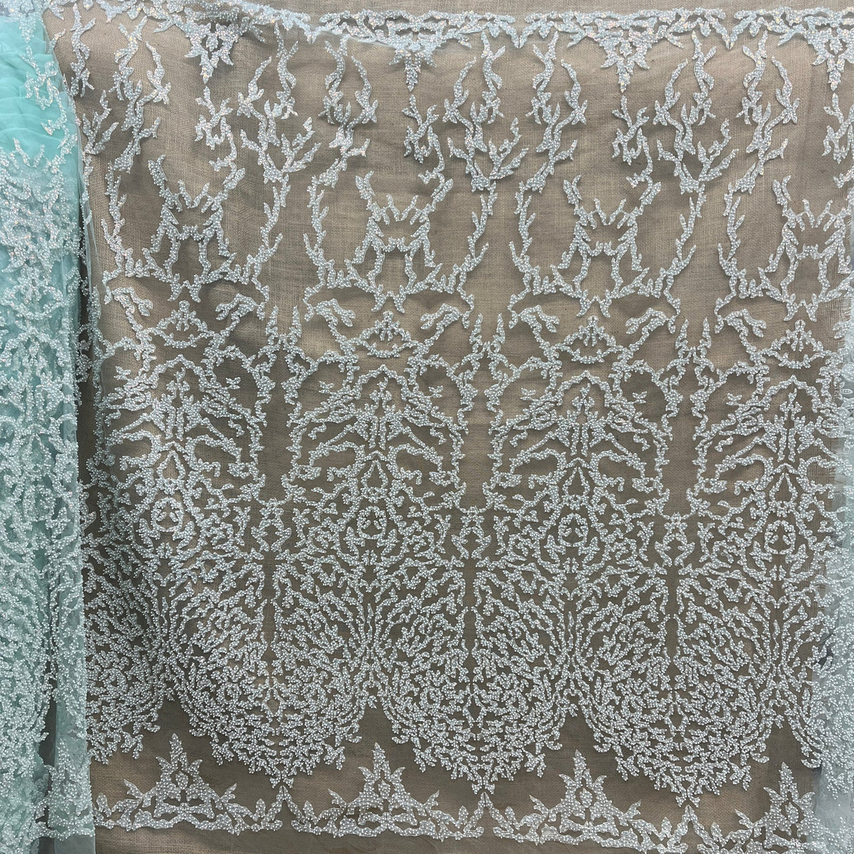 1 Yard Rose Gold Beaded Lace Fabric, Embroidered Polyester Mesh, 52" Wide,