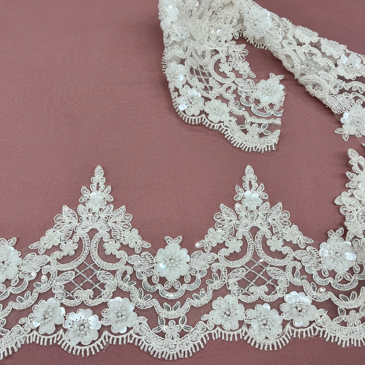 1 Yard Elegant Beaded Corded Floral Lace Trim on Sheer Polyester Mesh, Embroidered Fabric, Style 97224W-HB