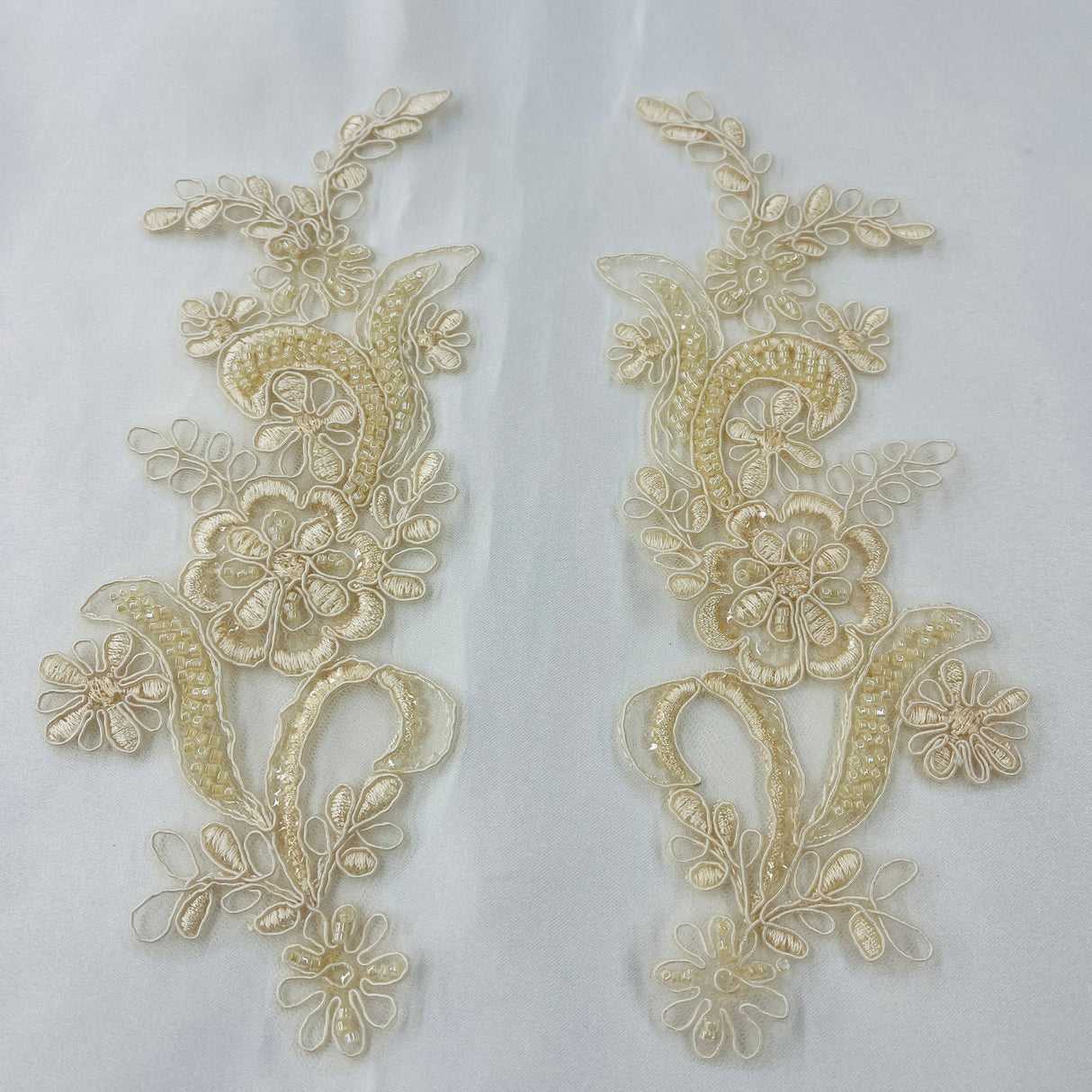 1 Pair Beaded & Corded Floral Lace Applique 9" x 2.5" Each Side