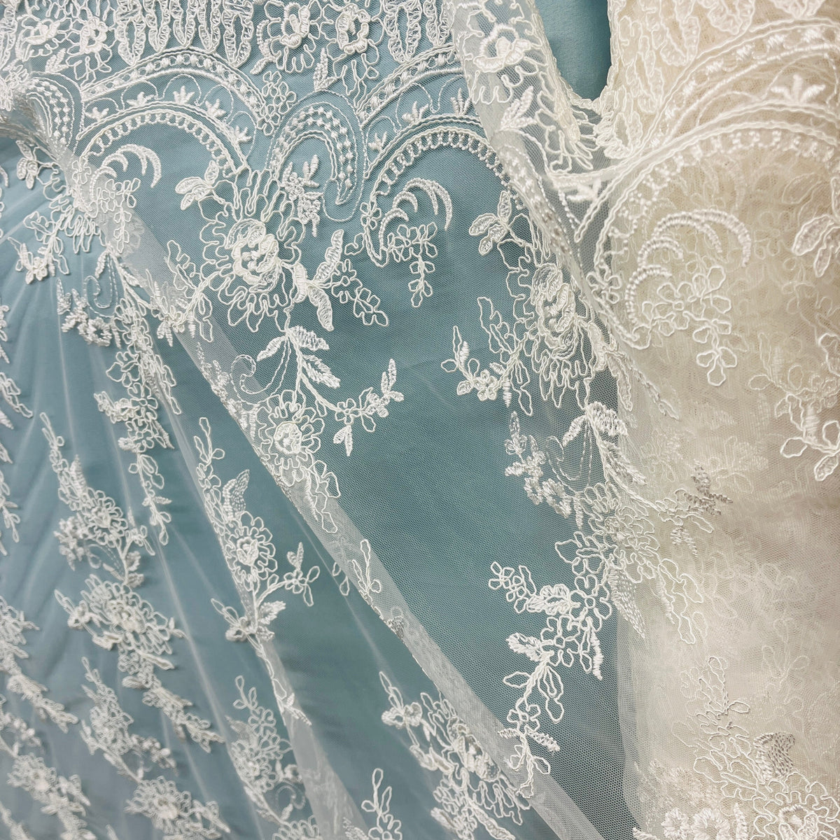 1 Yard Elegant Corded Bridal Lace Fabric on 100% Polyester Net Mesh, Embroidered Floral Design