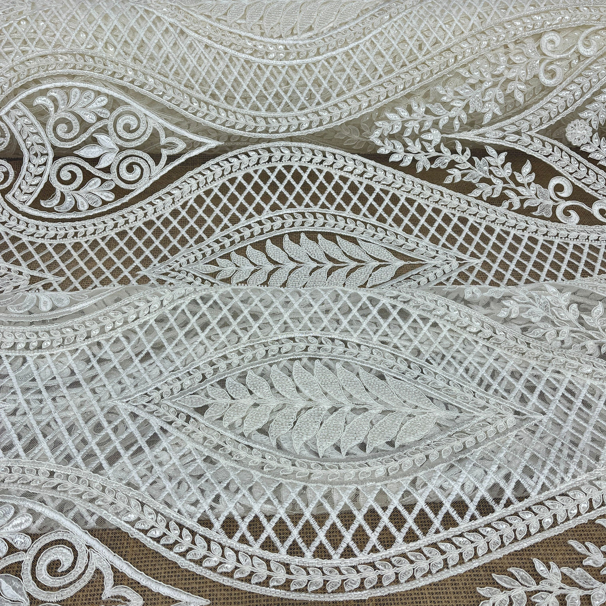 1 Yard 52" Wide Beaded & Corded Bridal Lace Fabric Embroidered on 100% Polyester Net Mesh