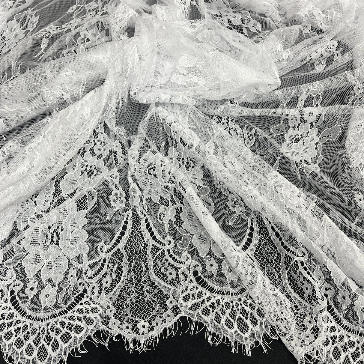 1 Yard Chantilly Embroidered Lace Fabric with Eyelash Scallop, 58" Wide French Alençon Lace for Bridal & Evening Dresses