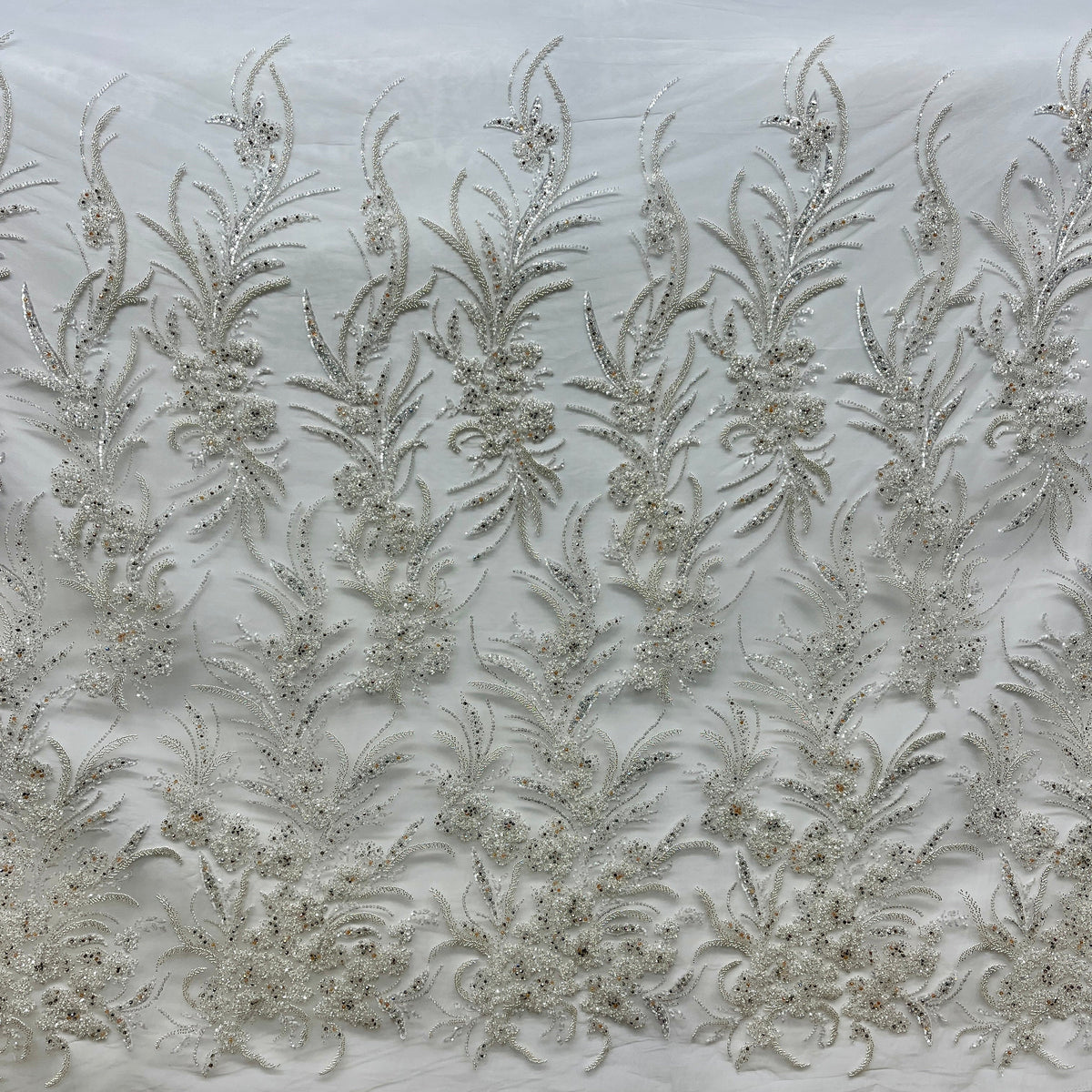 1 Yard Beaded Lace Fabric on 100% Polyester Net Mesh, Elegant Embroidered Textile