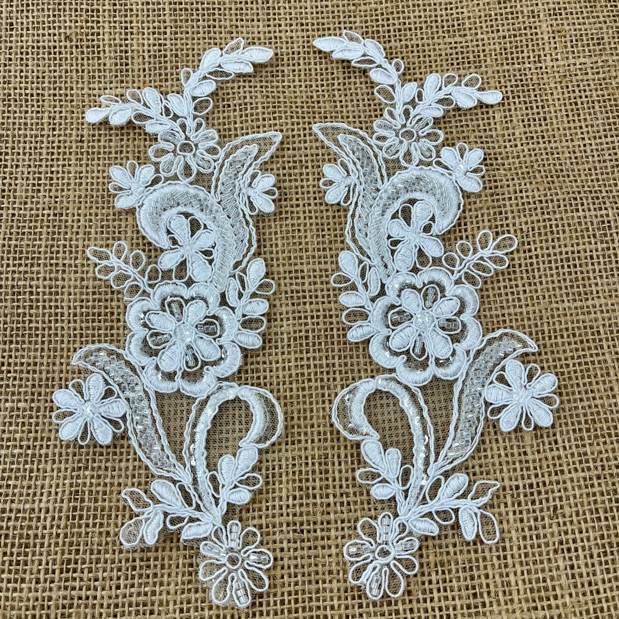 1 Pair Beaded & Corded Floral Lace Applique 9" x 2.5" Each Side