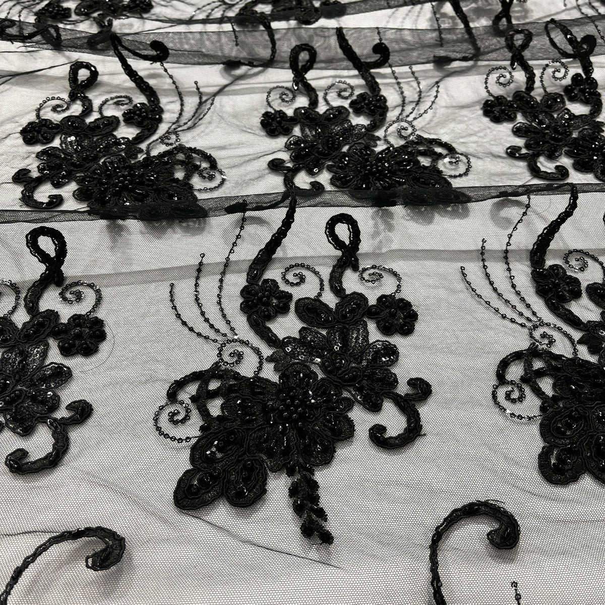 1 Yard Beaded Corded Lace Fabric on 100% Polyester Net Mesh, Elegant Embroidered Lace Material