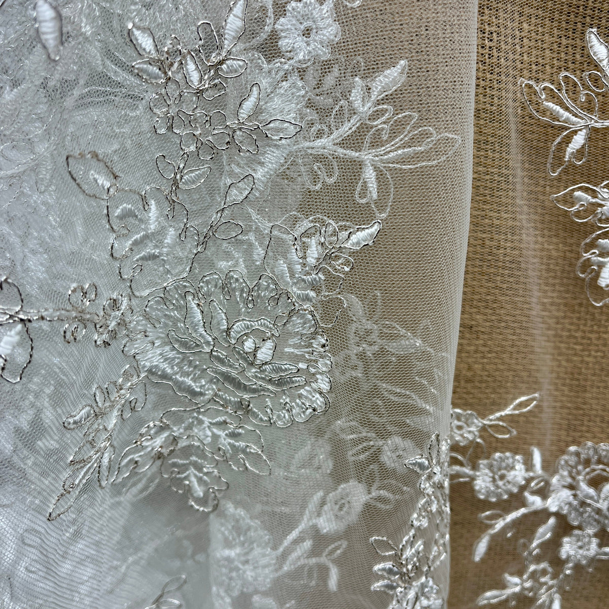 1 Yard Corded Bridal Lace Fabric Embroidered on 100% Polyester Net Mesh, 52" Wide