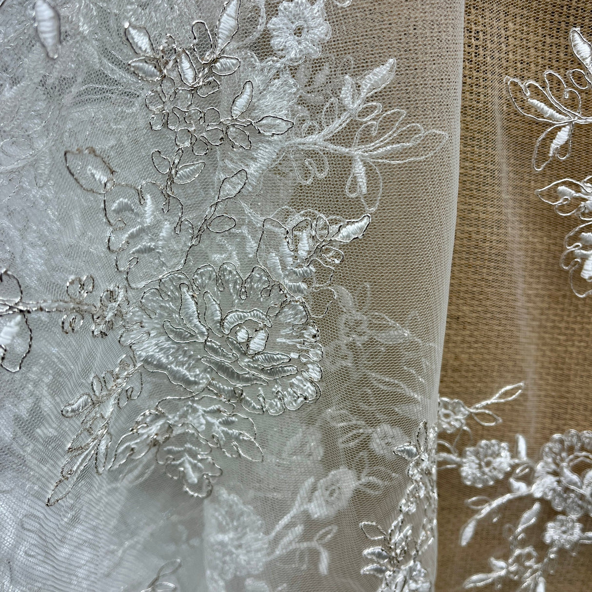 1 Yard Corded Bridal Lace Fabric Embroidered on Polyester Net Mesh for Dresses 51" Width