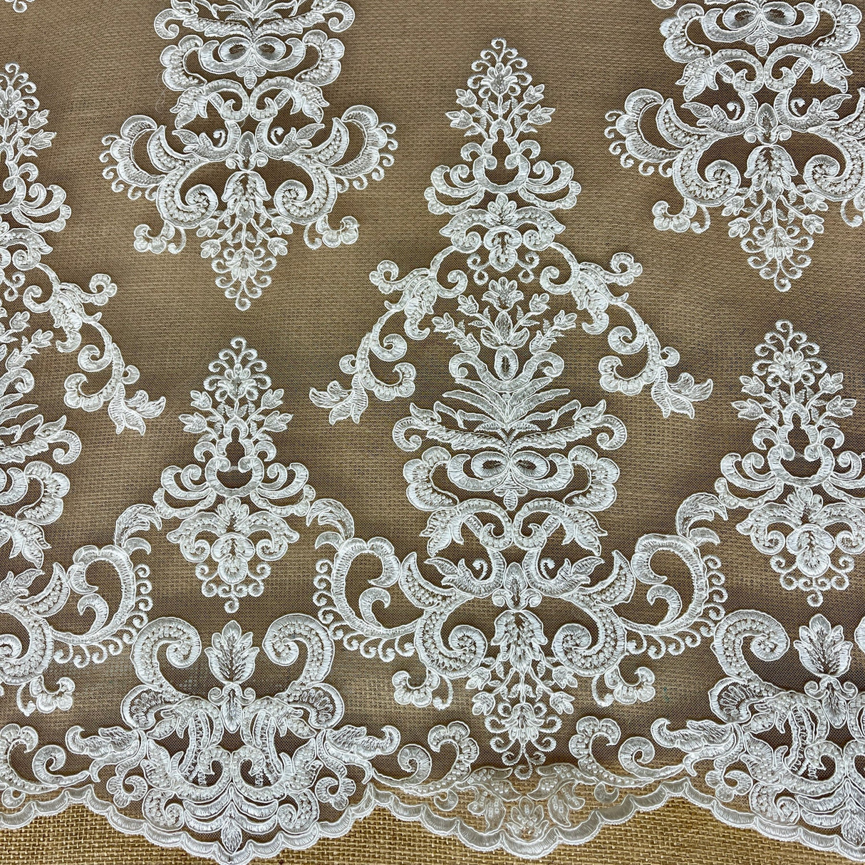 1 Yard Beaded & Corded Embroidered Bridal Lace Fabric, 52” Wide Polyester Mesh Net,