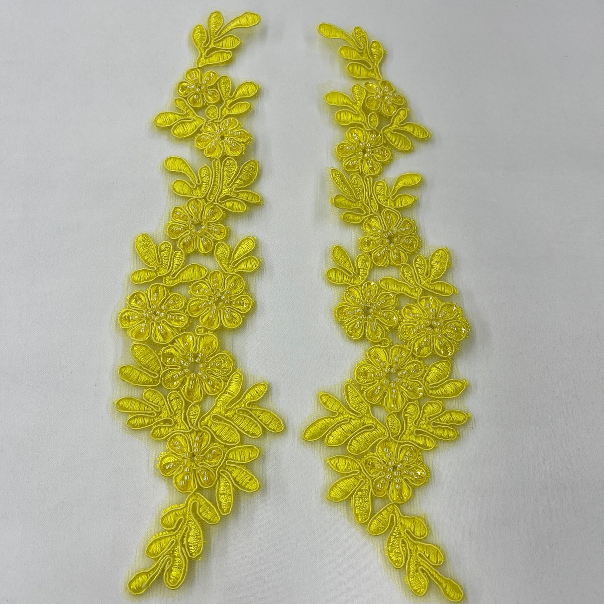 1 Pair 9.5" x 2" Each Side Beaded & Corded Floral Lace Applique Embroidered on 100% Polyester Net Mesh