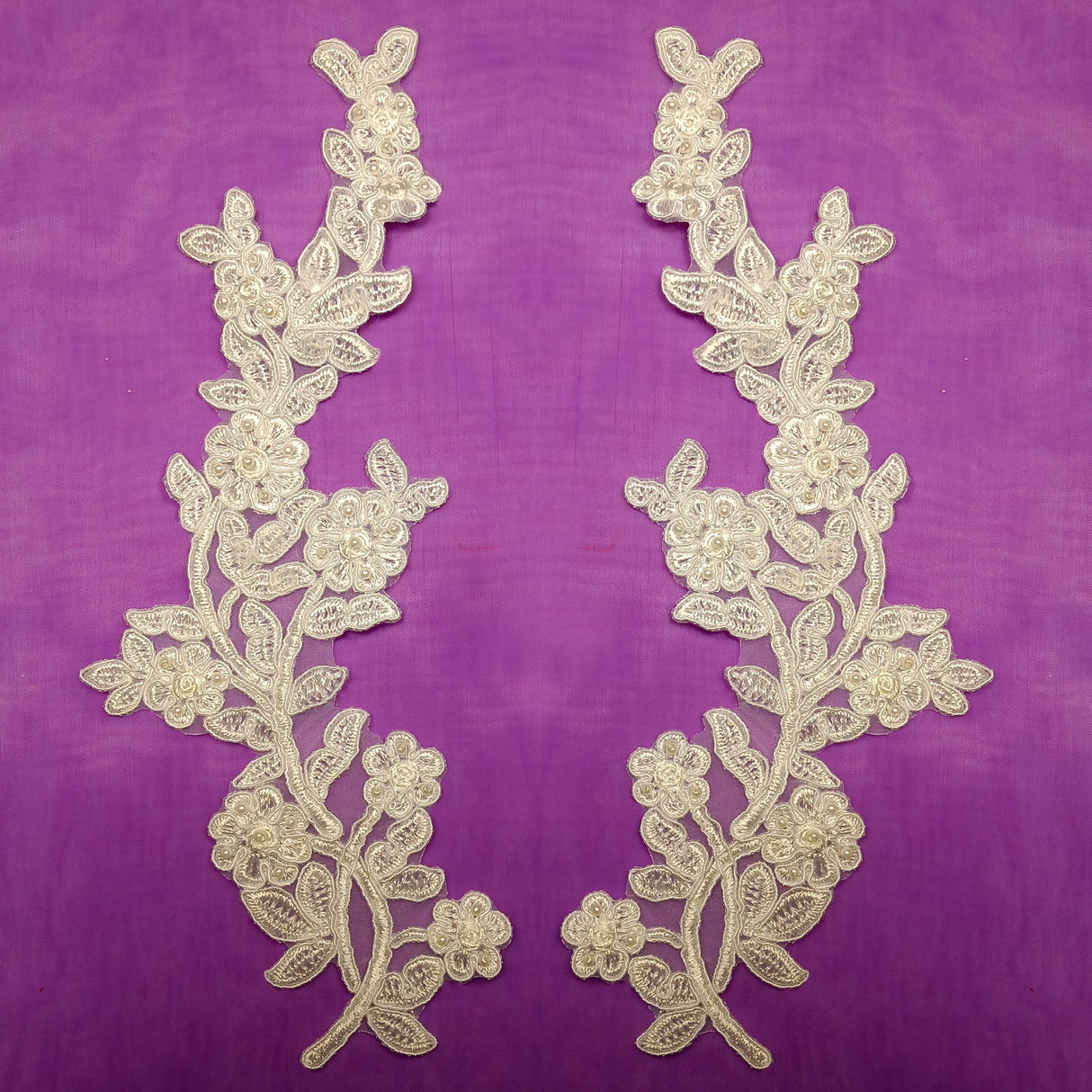 1 Pair Beaded & Corded Floral Lace Applique Embroidered on 100% Polyester Mesh 10" x 3" Each Side