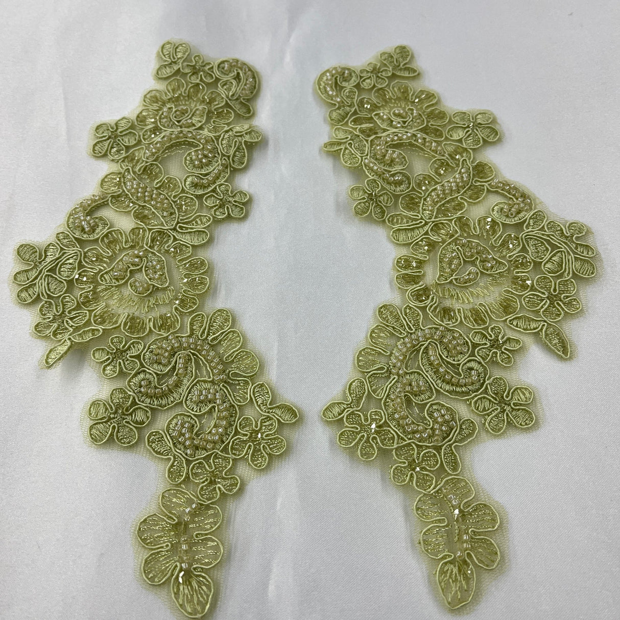 1 Pair 9" x 3" Each Side Beaded & Corded Floral Lace Applique Organza