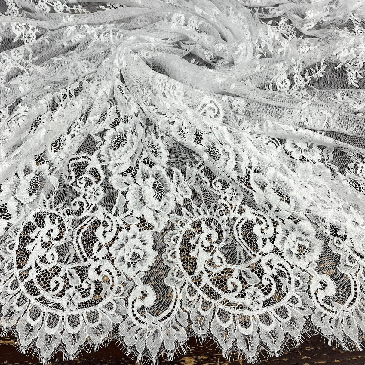 1 Yard Chantilly Embroidered Lace Fabric with Eyelash Scallop, 58" Wide French Alençon Lace for Bridal & Evening Wear