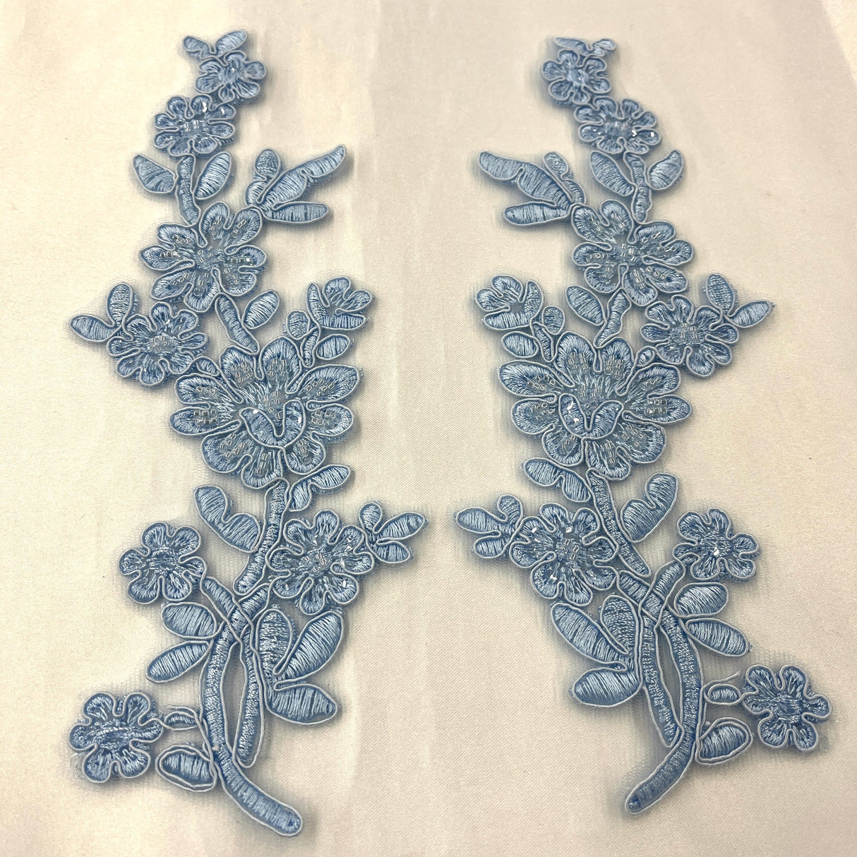 1 Pair Beaded & Corded Floral Lace Applique 10" x 2" Each Side