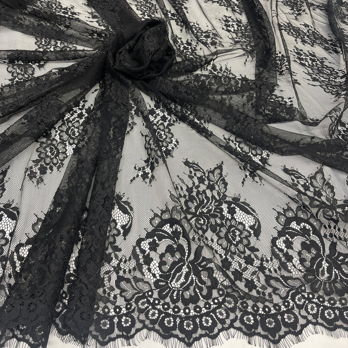 1 Yard Chantilly Embroidered Lace Fabric with Eyelash Scallop, 58" Wide French Alençon Lace for Bridal & Evening Wear