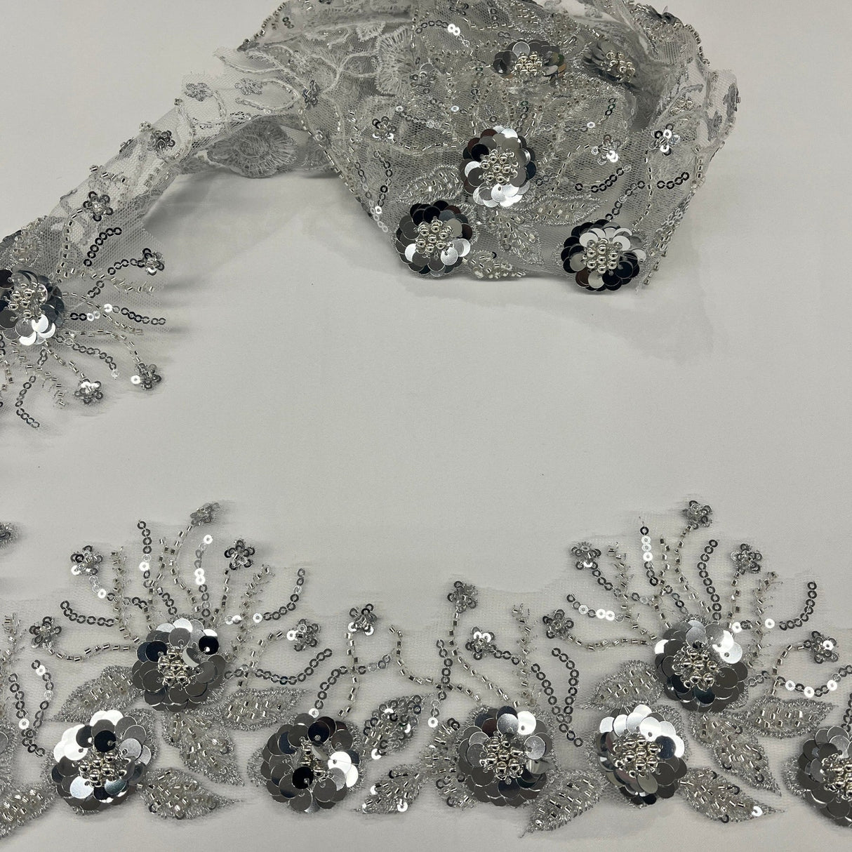 1 Yard Embroidered on 100% Polyester Net Mesh 4″ Wide Beaded & Corded Floral Lace Trimming