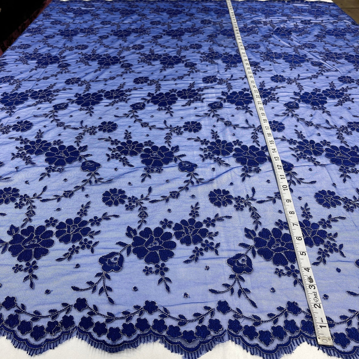 1 Yard Turquoise with Silver Lace Fabric Embroidered on Polyester Net Mesh 52 Inch Width
