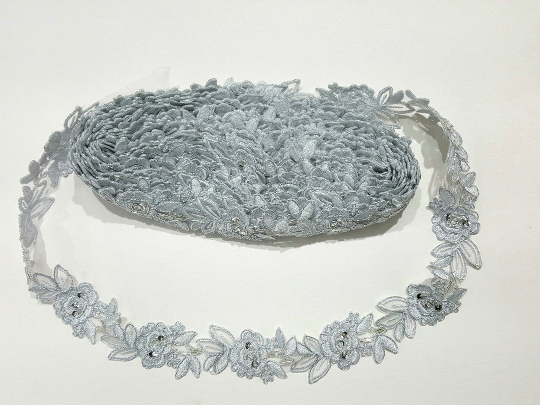 1 Yard Elegant Beaded & Corded Lace Trimming Embroidered on 100% Polyester Organza or Net Mesh for Bridal and Evening Wear 1.5 Inch Width