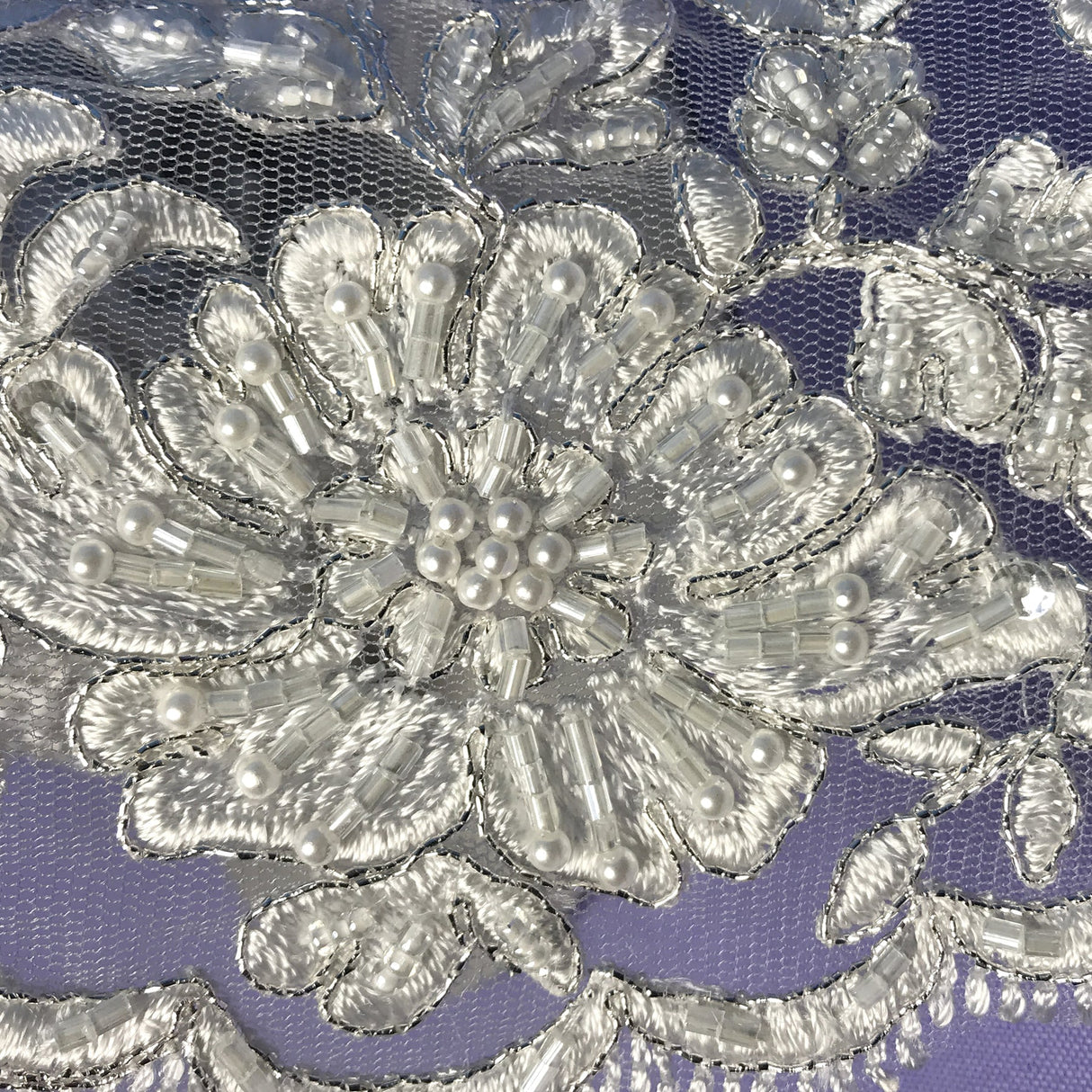 1 Yard Embroidered on 100% Polyester Net Mesh 6″ Wide Beaded & Corded Floral Lace Trimming