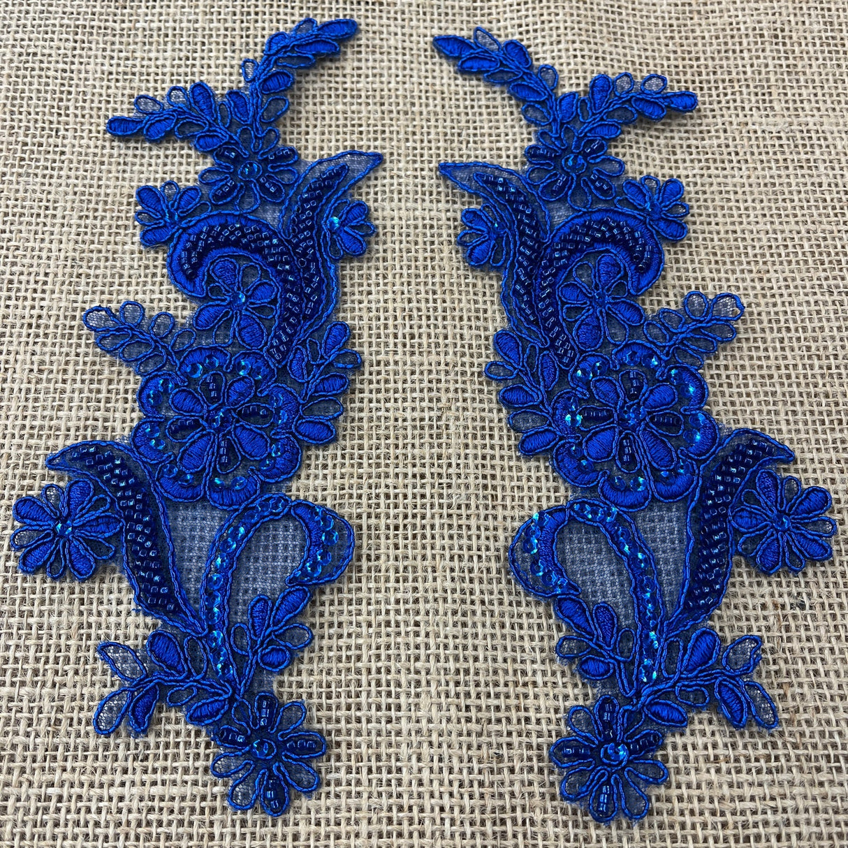 1 Pair Beaded & Corded Floral Lace Applique 9" x 2.5" Each Side