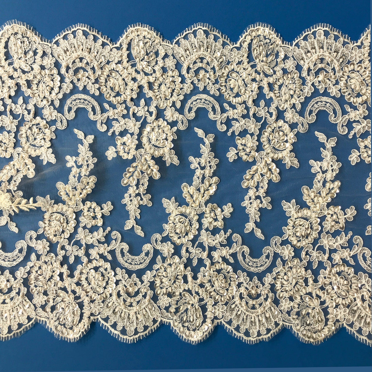 1 Yard Beaded & Corded Double Sided Floral Lace Trimming 100% Polyester Net Mesh 16.5" Wide