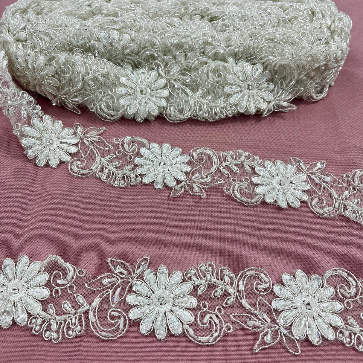 1 Yard Luxury Beaded Corded Lace Trimming on Net Mesh for Dresses 2 Inch Width