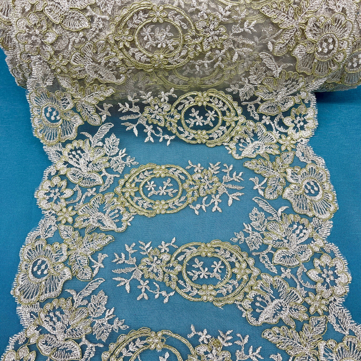 1 Yard 12.5" Wide Corded Double Sided Lace Trimming Embroidered on 100% Polyester Net Mesh