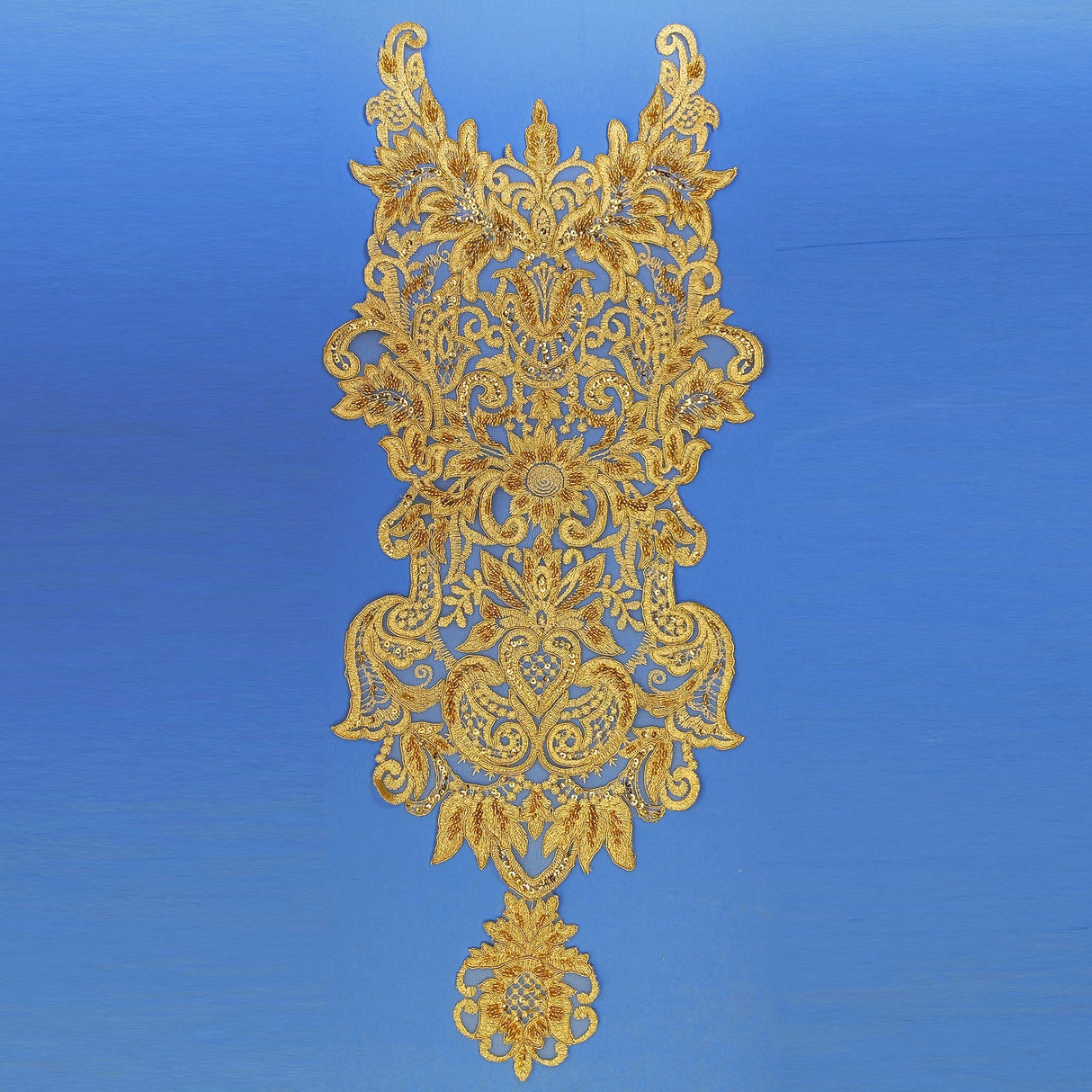 Beaded & Corded Lace Medallion Applique on 100% Polyester Mesh 25" x 10.5"