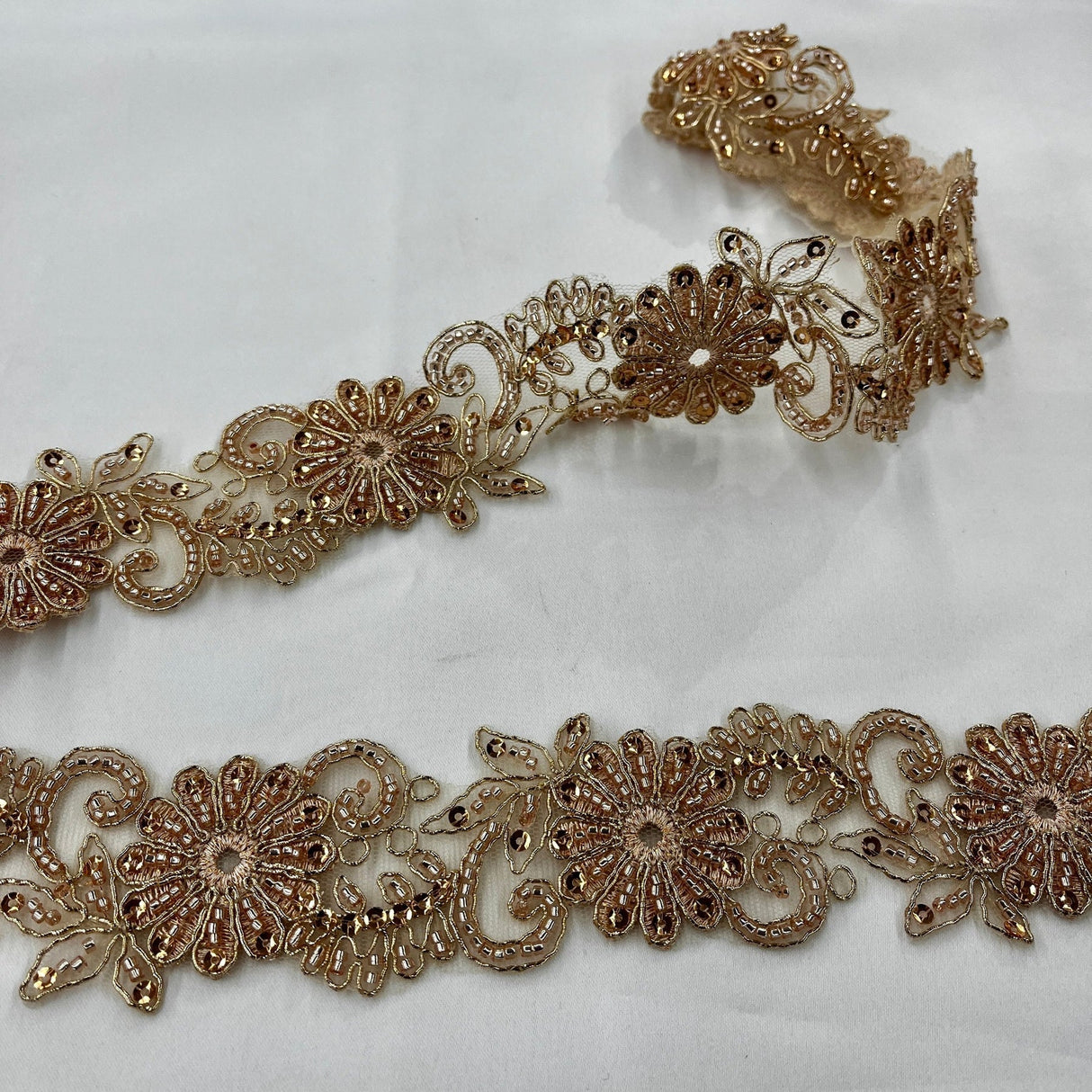 1 Yard Luxury Beaded Corded Lace Trimming on Net Mesh for Dresses 2 Inch Width